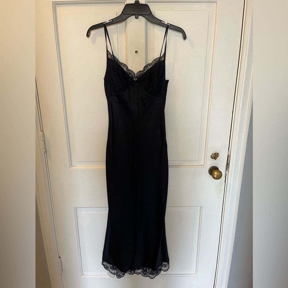 Navy Blue Satin and Lace Dress